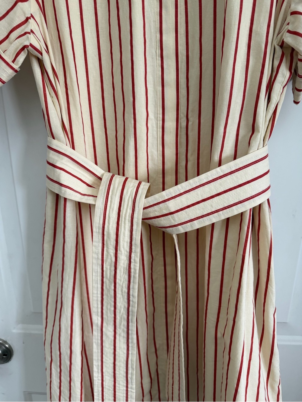 Tuckernuck Cream and Red Striped Belted Midi Shirt Dress - Picture 3 of 8